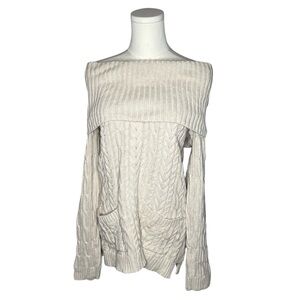Jeanne Pierre Cream Cable Knit Folded Off Shoulder Sweater Y2K Preppy